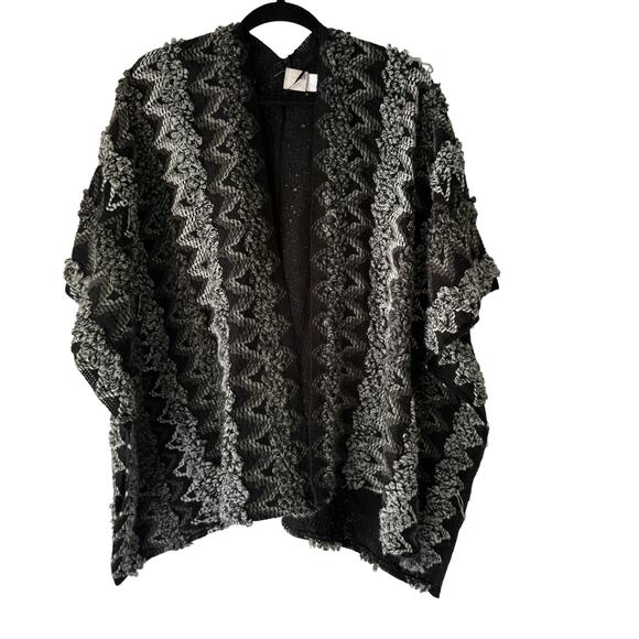 SO Sweater Y2k Small Black Gray Zigzag Textured Open Front Boho Cardigan Cozy - Picture 1 of 10